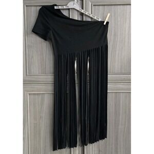 One Shoulder Black Fringe Womans Top Sz Medium Boho Country Retro